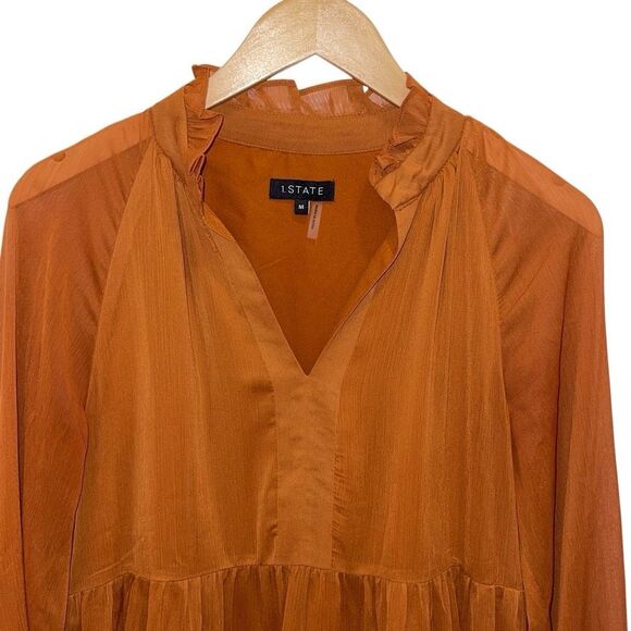 1.State Womens Split Neck Tiered Long Sleeve Lined Babydoll Mini Dress Burnt Ora - Picture 3 of 9